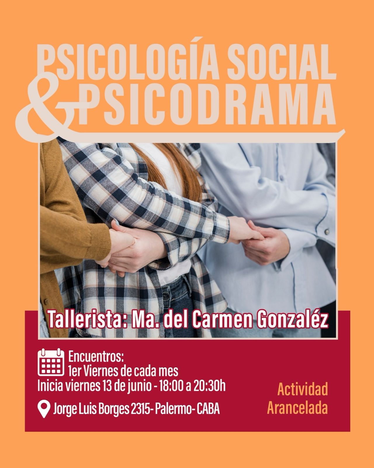 🎭 Taller de Psicodrama y Psicología Social
Explorá tus vínculos en la era digital
Un espacio vivencial para mirarte, pensarte y transformar tus relaciones a través del juego dramático y el trabajo grupal.
📌 Viernes 13 de junio – 18 a 20:30 h
📍 J. L. Borges 2315, Palermo – CABA
👩💼 Coordina: Lic. Mela González
🎯 Destinado a: estudiantes y egresados de carreras sociales, Psicólogos/as Sociales, docentes y toda persona interesada en lo grupal.
🌟 Consultas e inscripción:
📩 melagonzalez639@gmail.com
📱 (011) 6667 7454
#Talleres#Psicodrama#Psicologiasocial #Grupos
#GladysAdamson #Educacion #Estudiantes #CarrerasSociales #Egresados