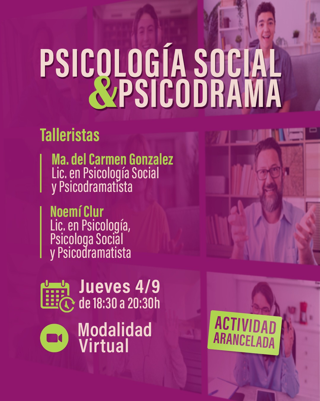 🎭 Taller de Psicodrama y Psicología Social
Explorá tus vínculos en la era digital
Un espacio vivencial para mirarte, pensarte y transformar tus relaciones a través del juego dramático y el trabajo grupal.
📌 Jueves 04 de septiembre – 18 a 20:30 h
💻 MODALIDAD VIRTUAL (ZOOM)
👩💼 Coordina: Lic. Mela González y Lic. Noemí Clur
🎯 Destinado a: estudiantes y egresados de carreras sociales, Psicólogos/as Sociales, docentes y toda persona interesada en lo grupal.
🌟 Consultas e inscripción:
📩 melagonzalez639@gmail.com
📱 (011) 6667 7454
#Talleres#Psicodrama#Psicologiasocial #Grupos
#GladysAdamson #Educacion #Estudiantes #CarrerasSociales #Egresados